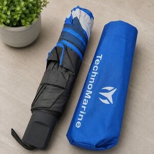 TechnoMarine Compact Travel Umbrella Black Blue Grey with Matching Sleeve